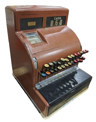 rjr props - vintage cash register prop - brown 1960s